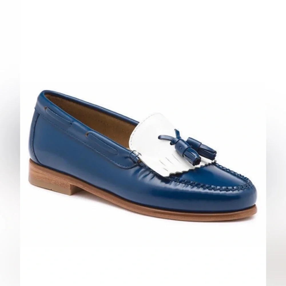 Classic Blue and White Tassel Loafer - Women's Leather Slip-On
